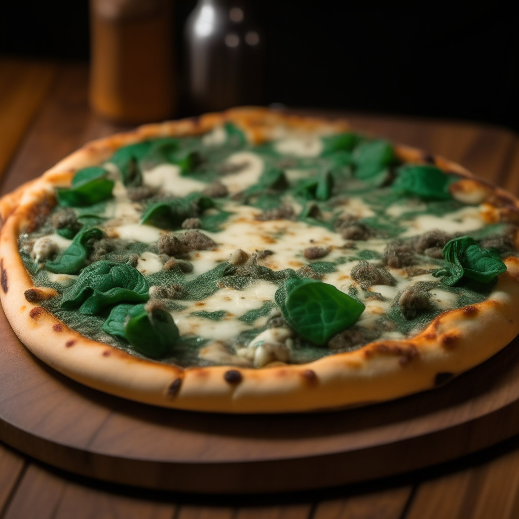 a perfectly round lamb and spinach pizza with melted cheese on a wooden board, soft lighting, depth of field blur