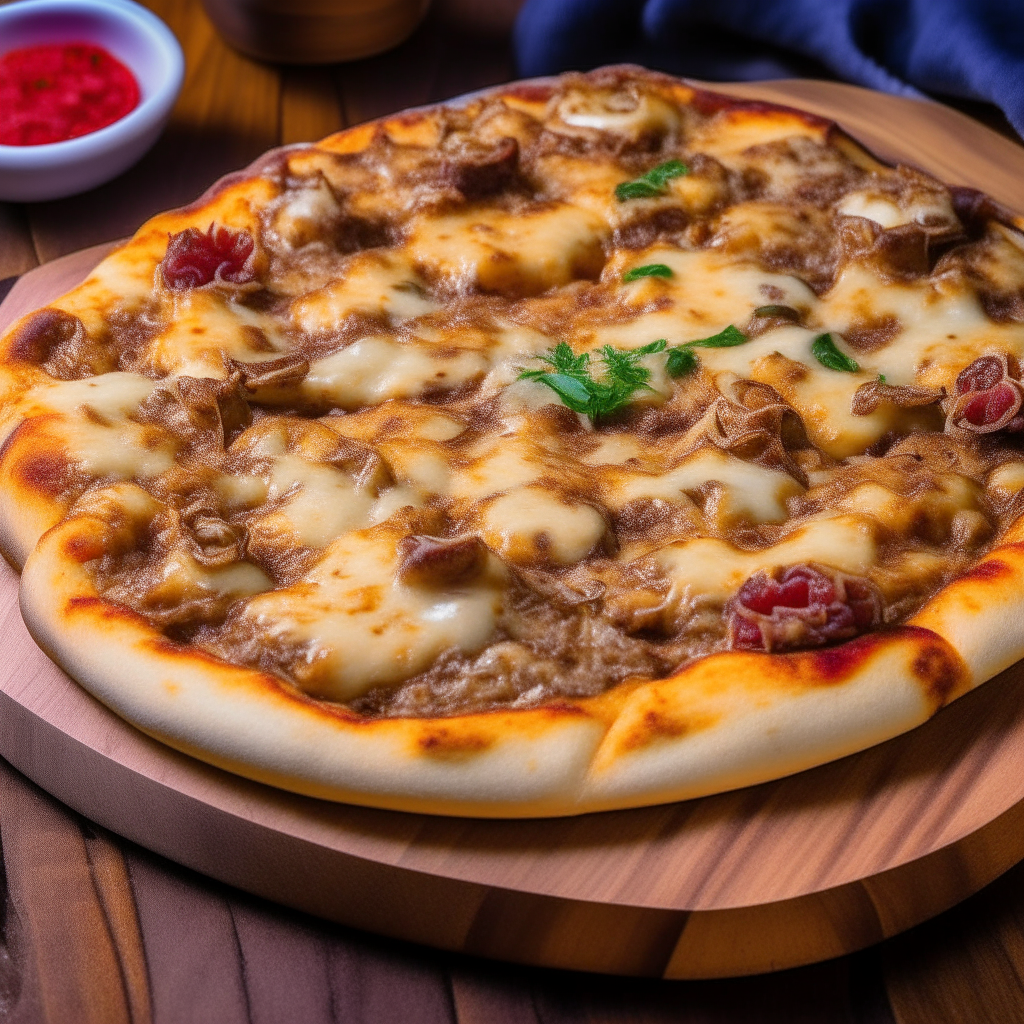 A sizzling hot bbq lamb pizza with crispy crust and melted cheese on a wooden board