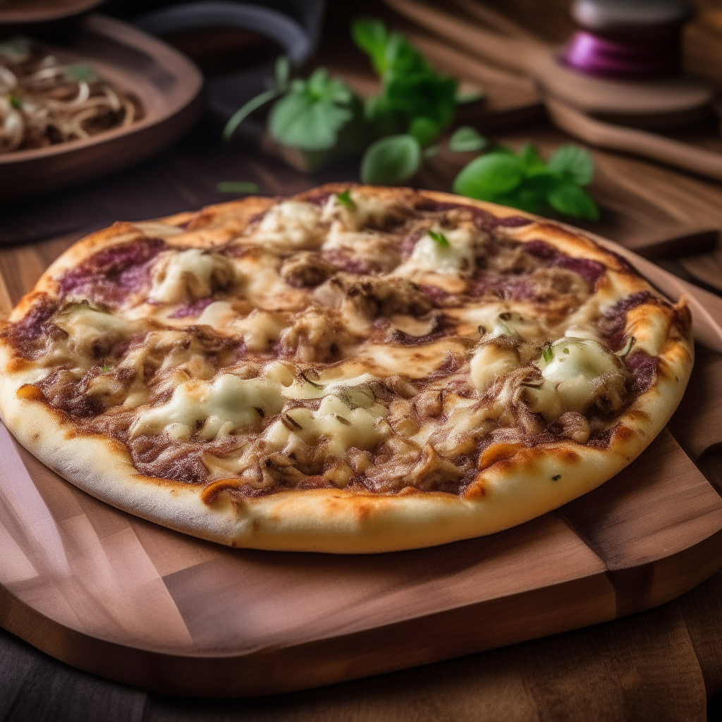 A mouthwatering bbq lamb pizza with melted cheese on a wooden board, rustic style with natural lighting and soft focus