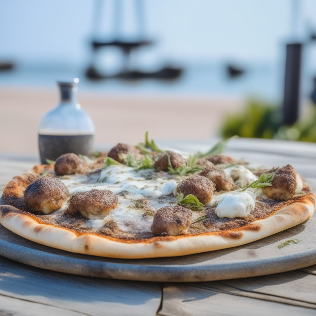 A mouthwatering Lamb Kofta pizza on a rustic plate by the beach, soft lighting, pastel blue and white coastal scene in background