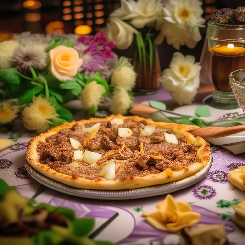 A mouthwatering roasted lamb and potato pizza arranged on floral plates, warm lighting, checkered tablecloth background evoking traditional family meals and American culinary heritage