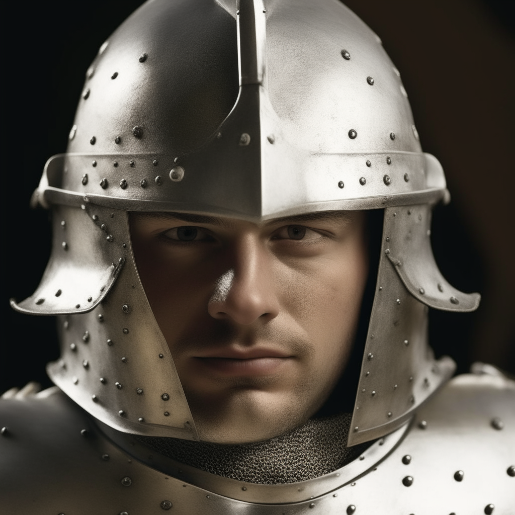 a close-up portrait of a soldier in polished white plate armor from the year 1429