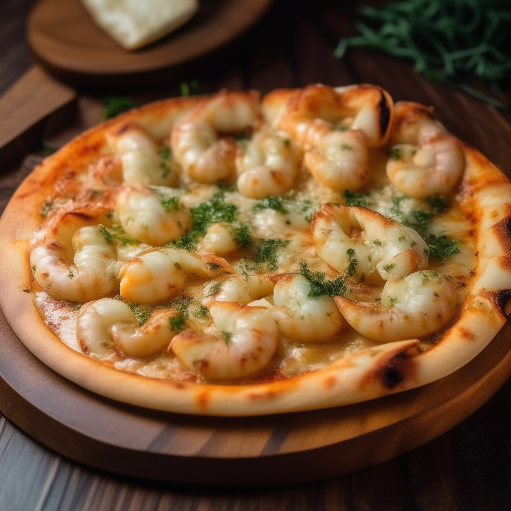 a sizzling hot classic scampi pizza with shrimp, garlic and parsley on top, served on a wooden board