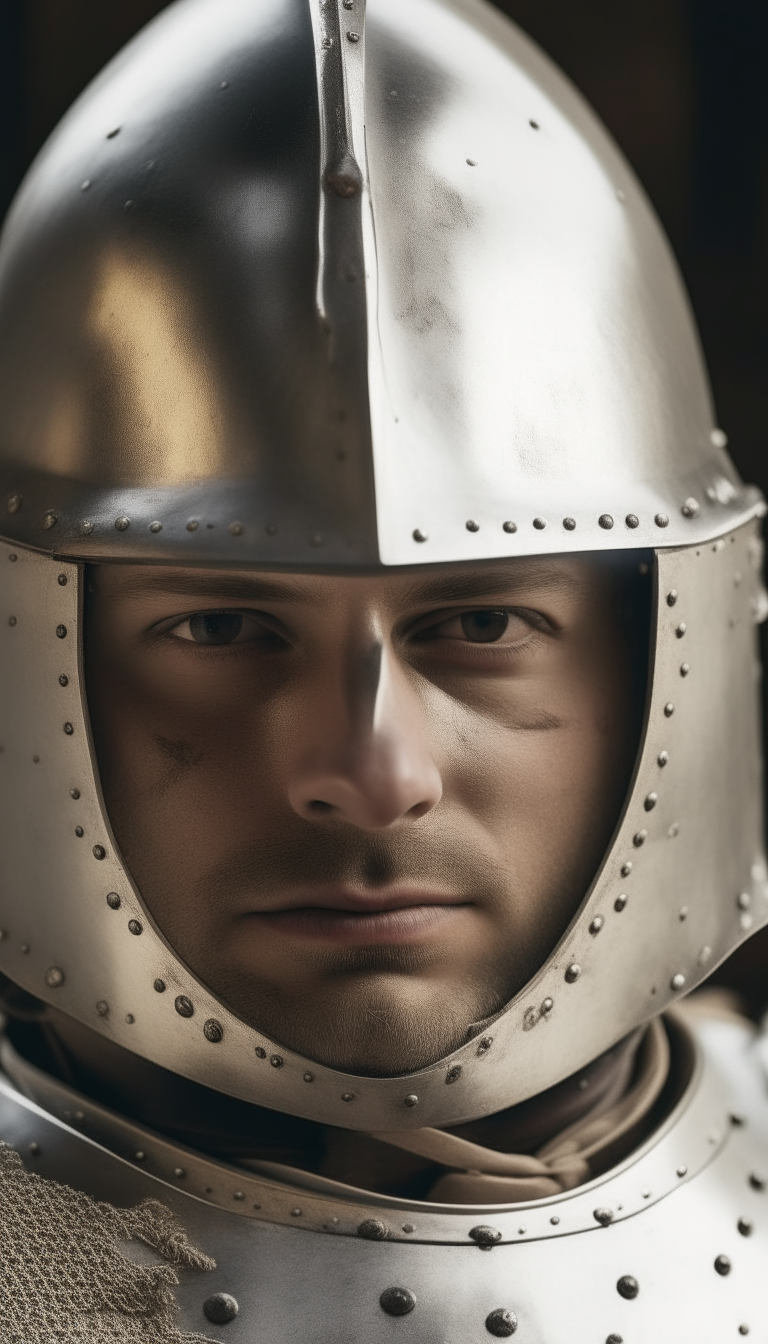 a close-up portrait of a soldier in polished white plate armor from the year 1429