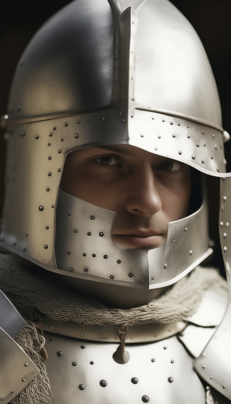 a close-up portrait of a soldier in polished white plate armor from the year 1429