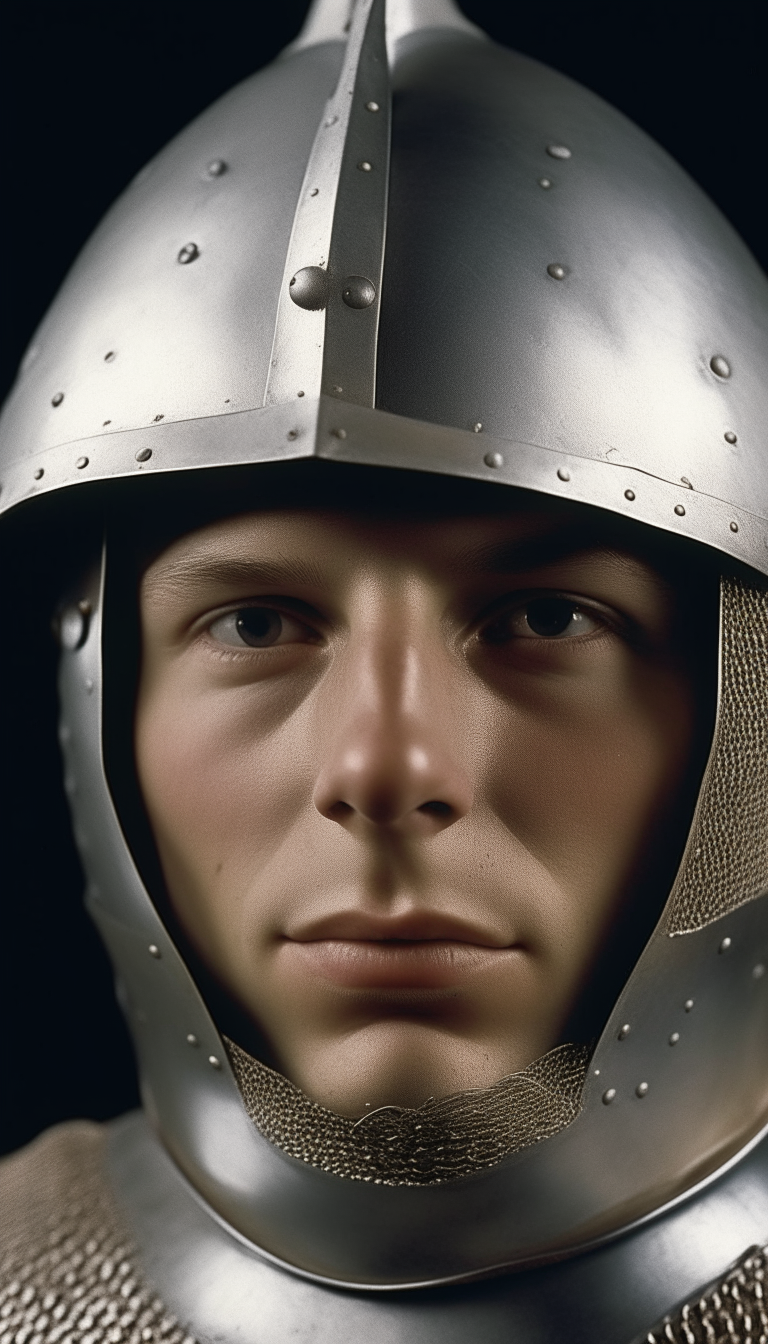 another close-up portrait of a soldier in polished white plate armor from the year 1429, with a stern expression visible beneath the helmet