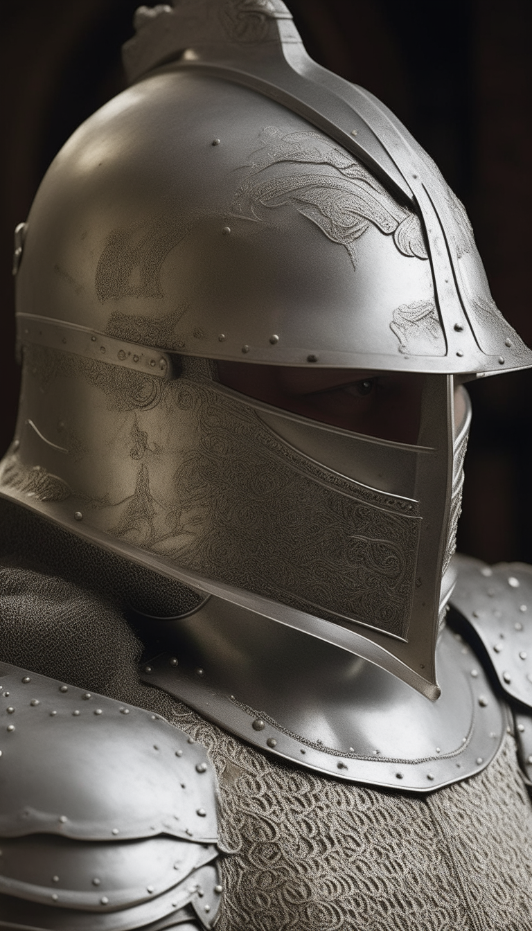 a close-up portrait of a soldier in polished white plate armor from the year 1429, with intricate details of the helmet and faceplate visible