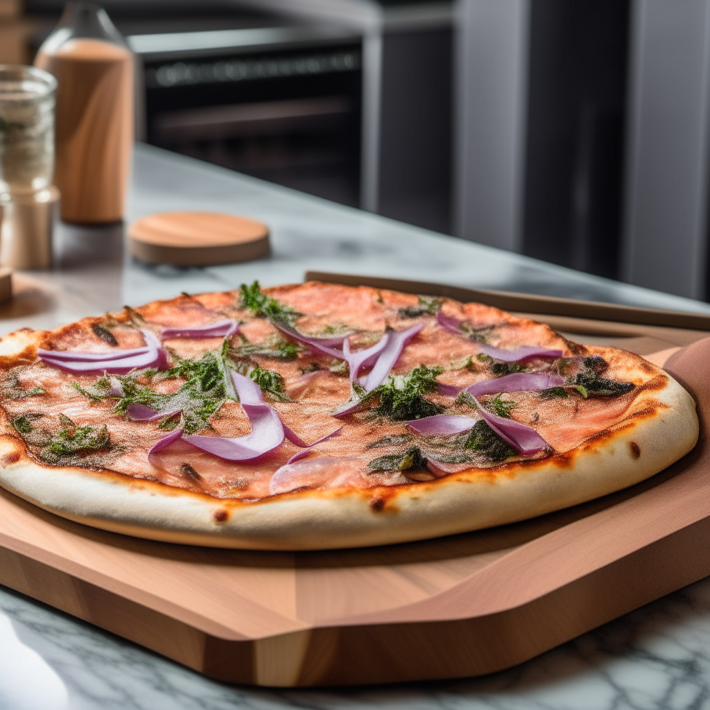 a delicious smoked salmon pizza with capers and red onion on a wooden pizza peel in a large, modern American millionaire style kitchen with marble countertops and professional appliances