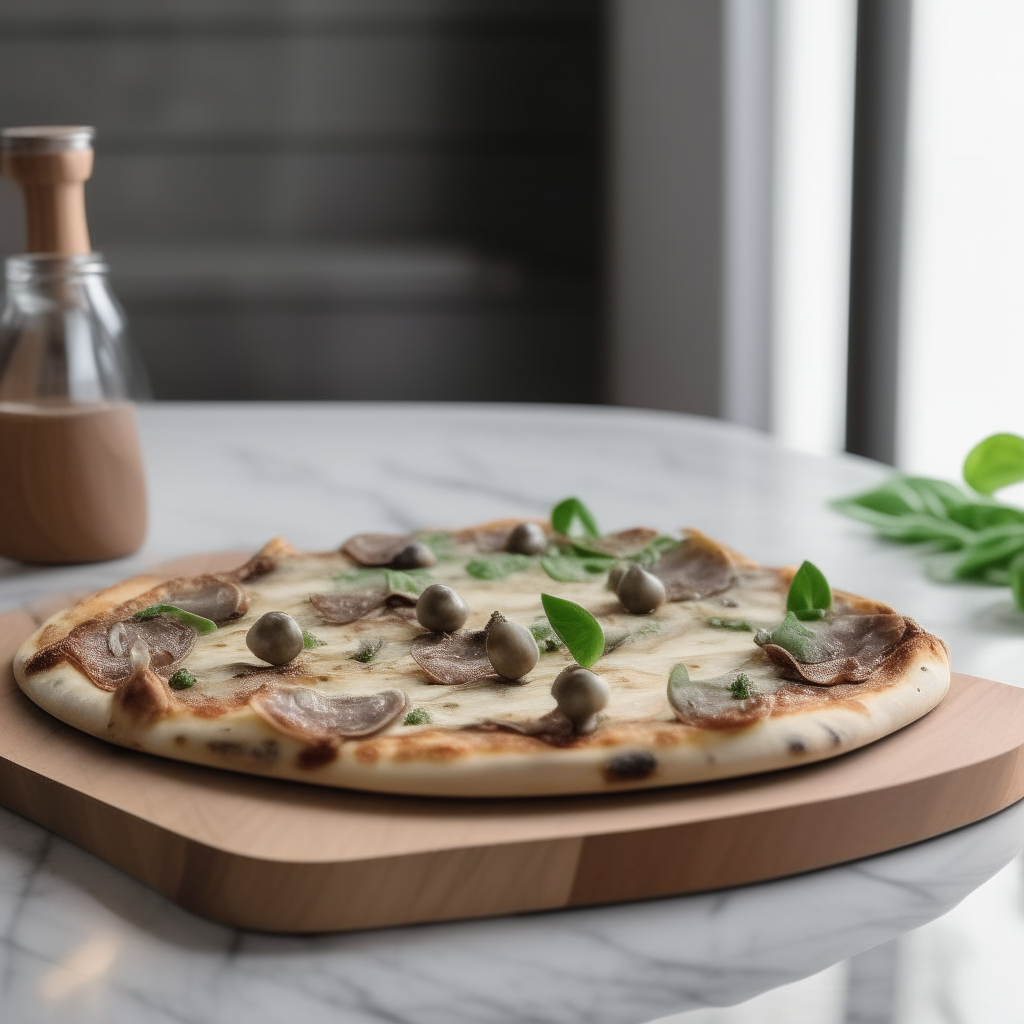 a delicious anchovy and olive pizza on a wooden board in a modern minimalist kitchen with marble countertops and stainless steel appliances