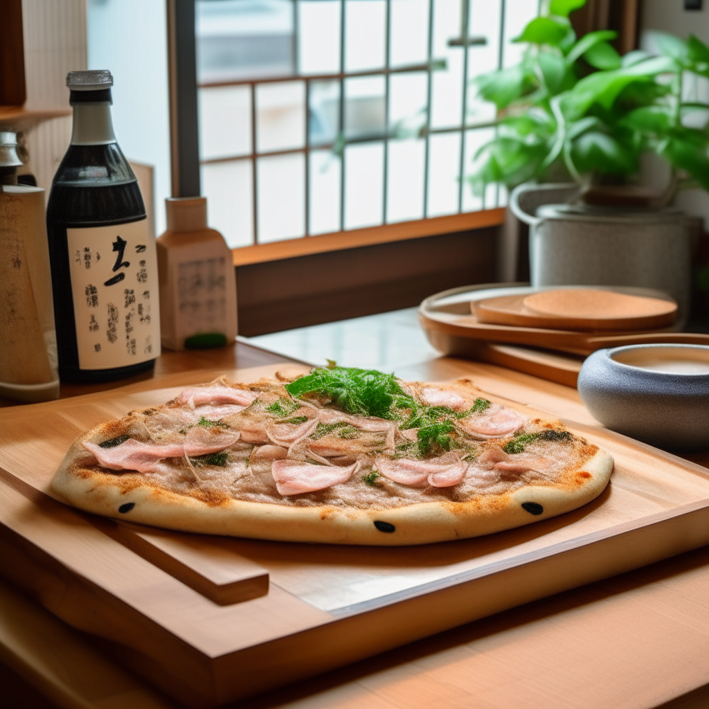 a delicious tuna and onion pizza on a wooden board in a traditional Japanese kitchen with tatami mats, shoji screens and decorative wall scrolls