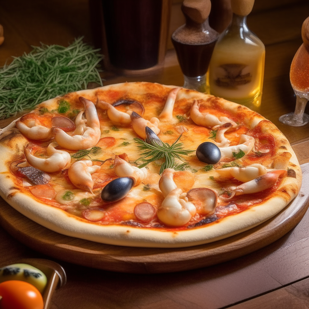 a sizzling seafood medley pizza with shrimp, mussels and calamari on a wooden pizza peel in a traditional Spanish kitchen with terracotta floors and decorative tiles