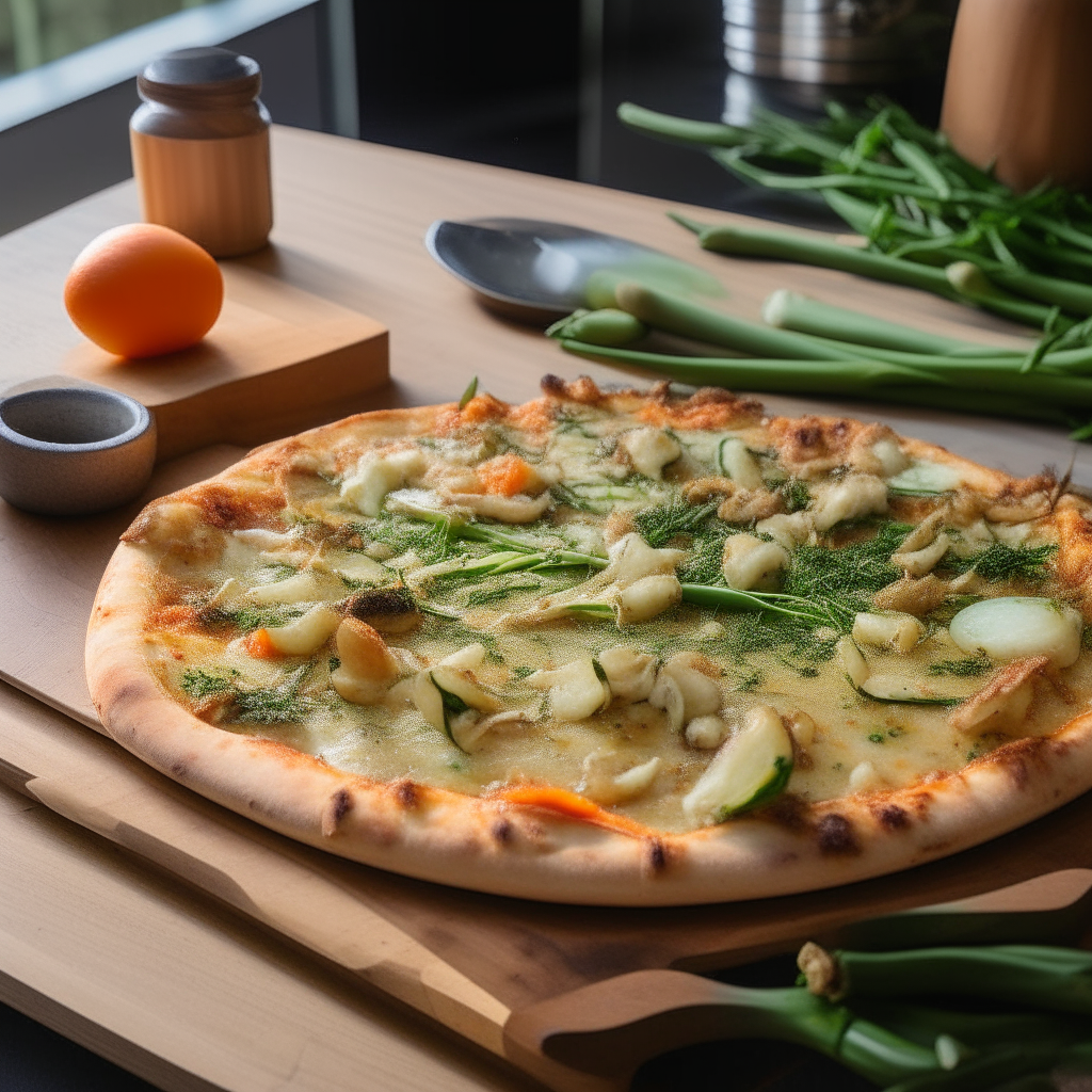 a delicious crab and asparagus pizza on a cutting board in an Australian kitchen with eucalyptus accents and bright natural lighting