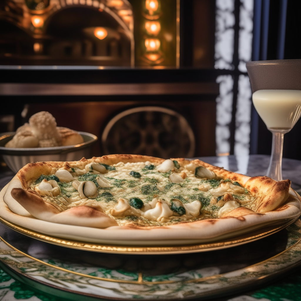 a sizzling clam and garlic pizza on a vintage plate in an elegant art deco style restaurant with ornate geometric details and brass accents