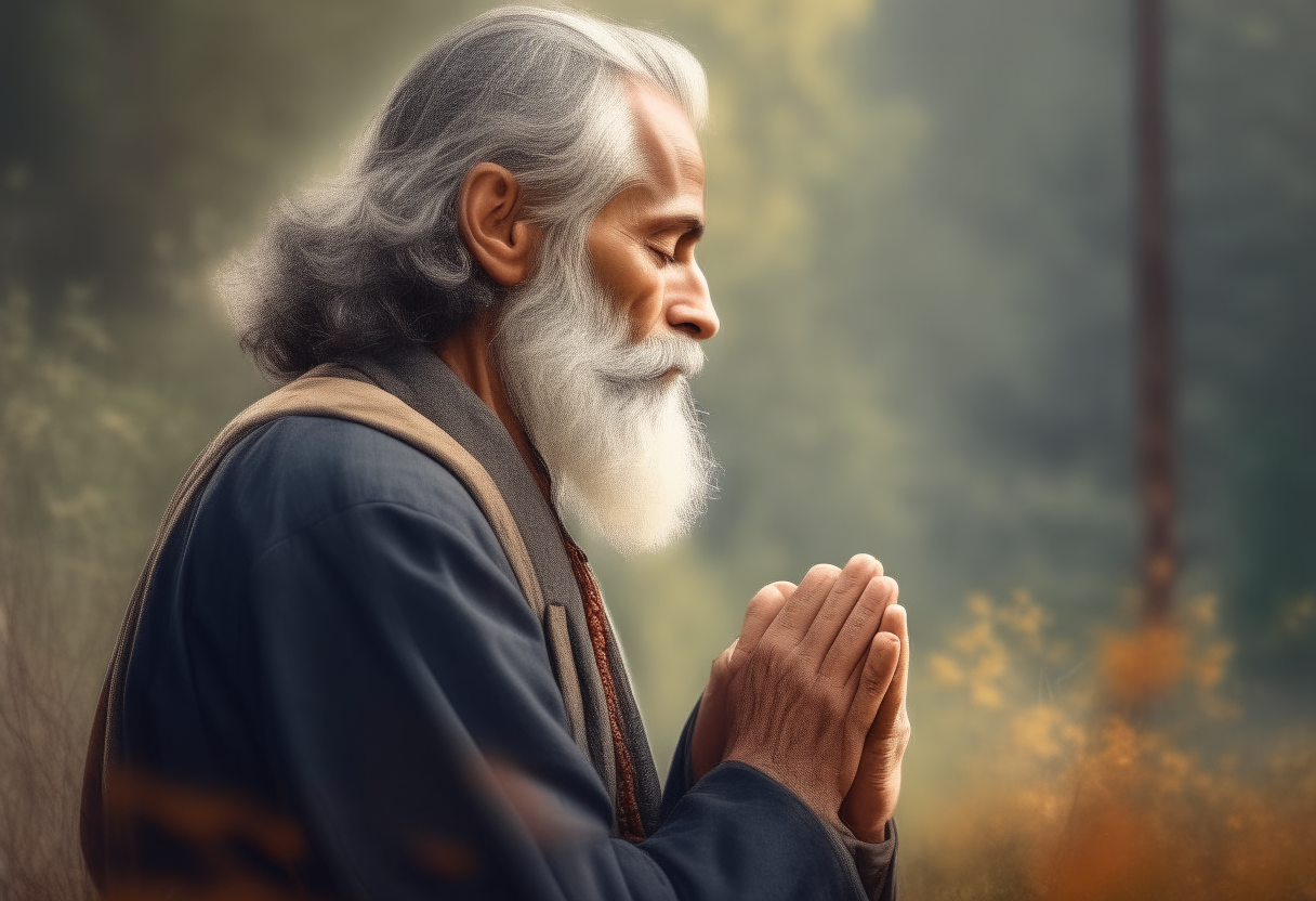 create a picture of a Lord in profile praying in nature