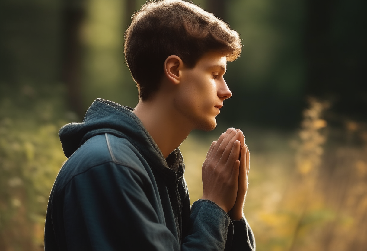 Create an image of a young man in profile praying in nature