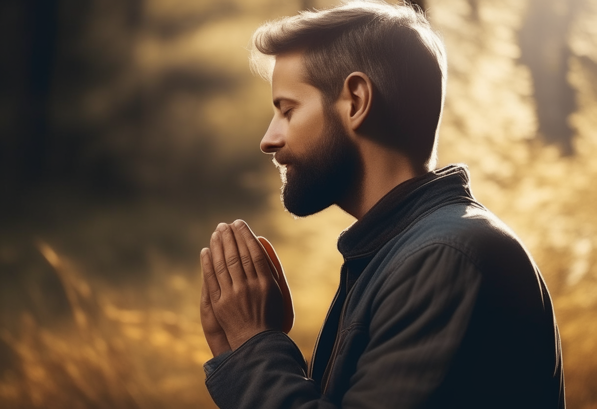Create an image of a man in profile praying in nature