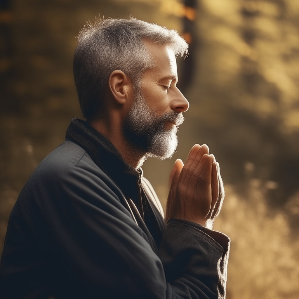 Create an image of a man in profile praying in nature