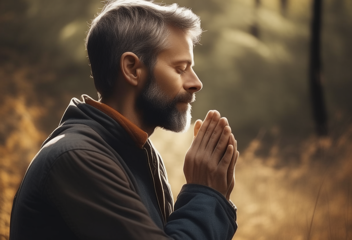 Create an image of a man in profile praying in nature