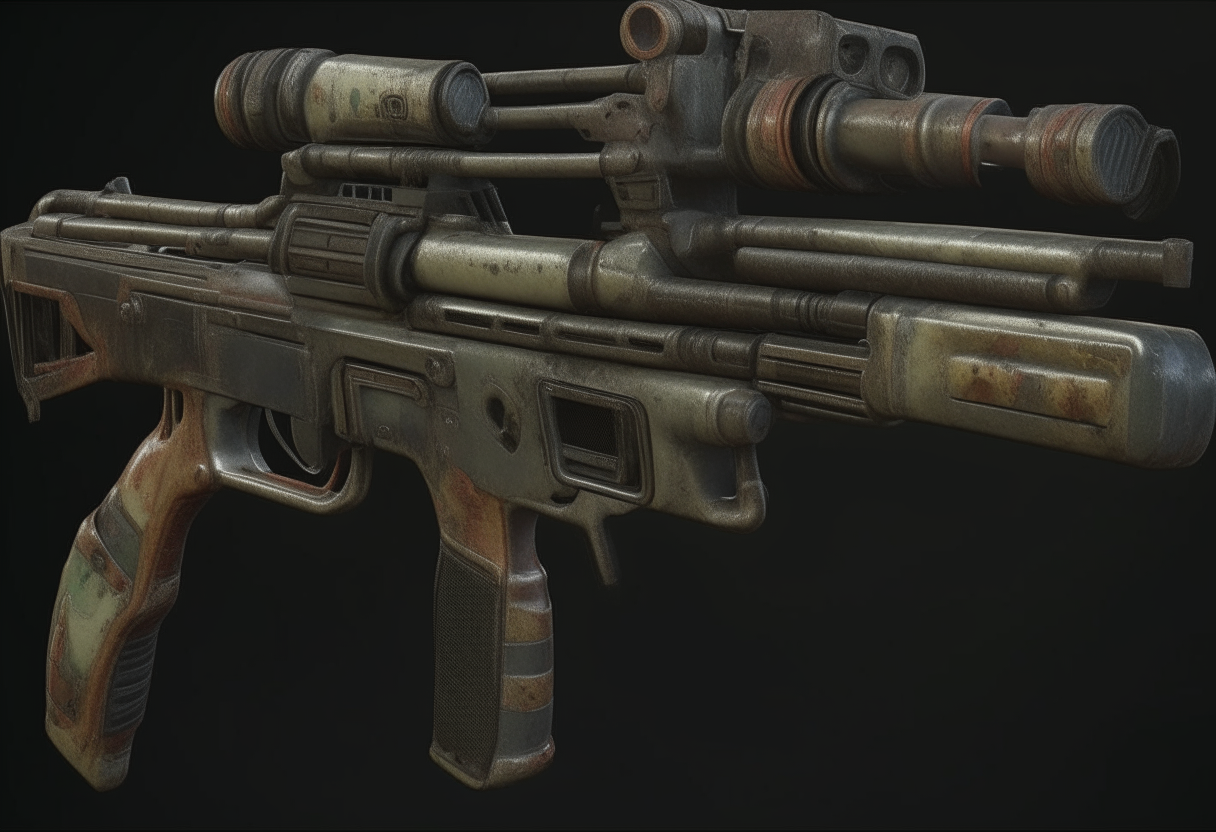 An arsenal of post-apocalyptic firearms from Fallout 4, including laser rifles, plasma weapons, missile launchers and more, rendered in stunning 4K resolution detail