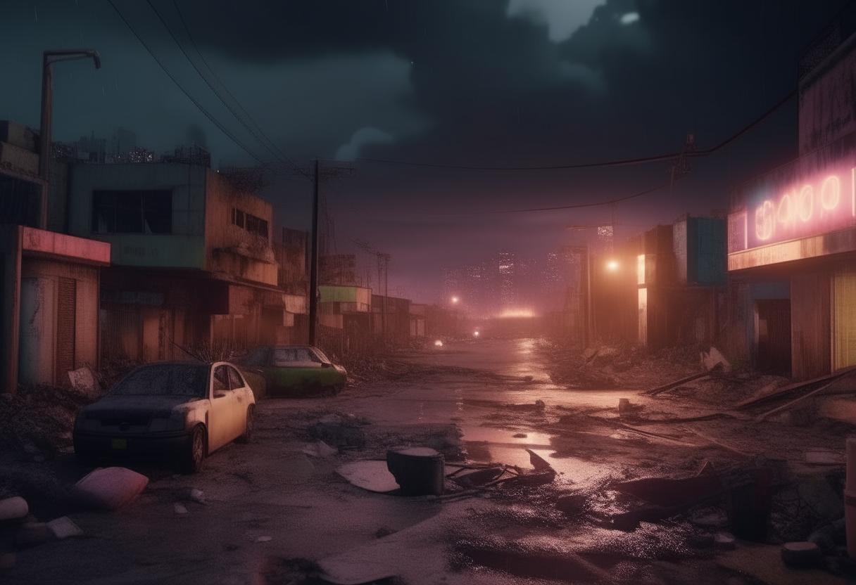 A post-apocalyptic city street at night, illuminated only by flickering neon signs, rubble and debris everywhere under a radioactive glow cloudy sky, 4K resolution