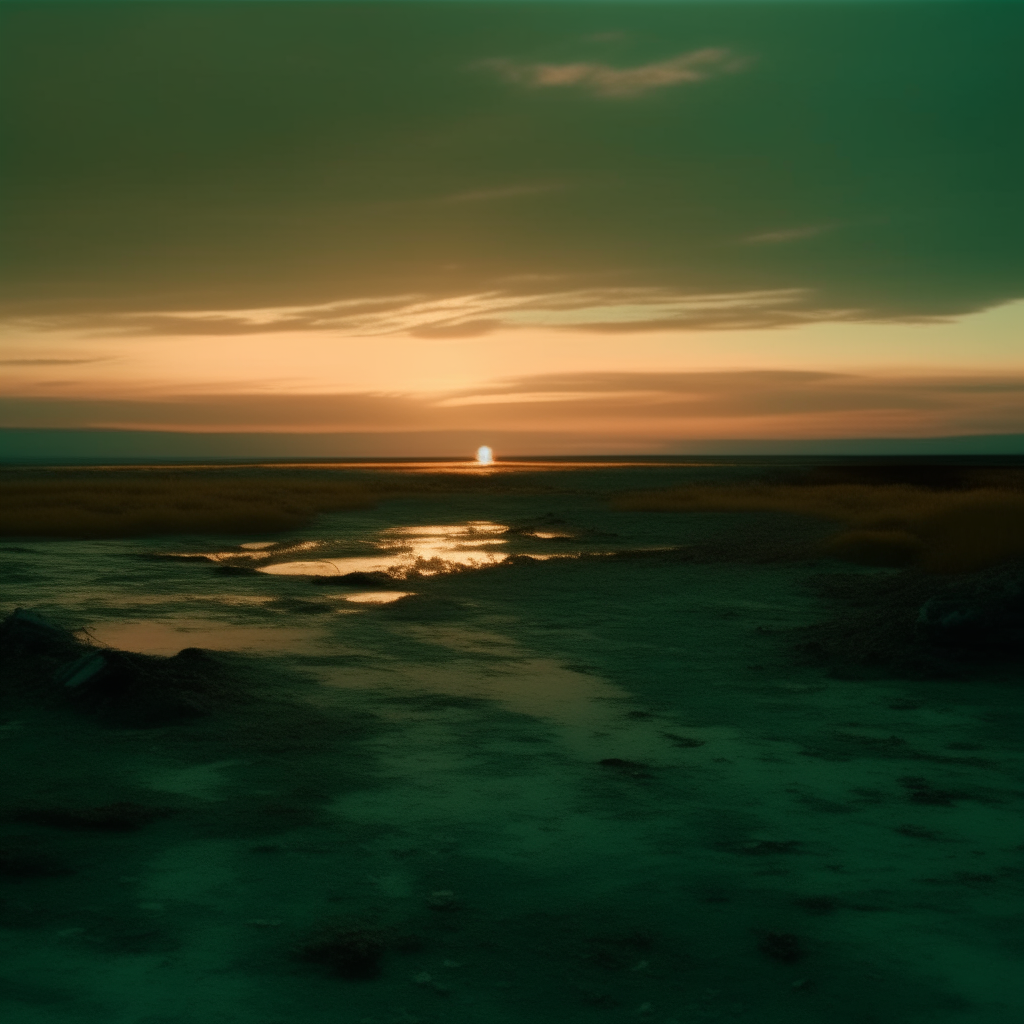 A glowing sea landscape at dusk, the horizon lit an ominous green as the sun sets over a desolate radioactive wasteland, cinematic wide shot