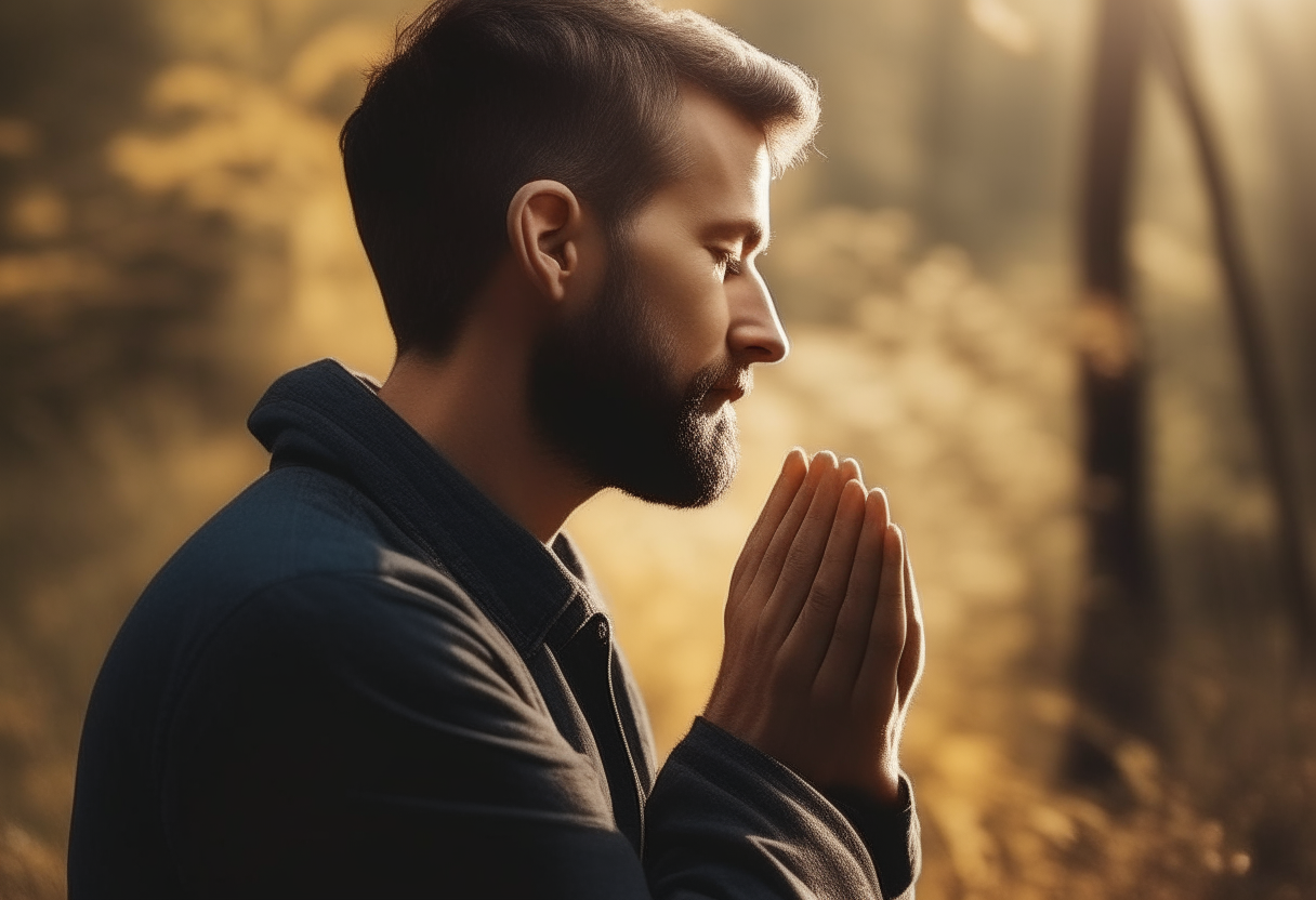Create an image of a man in profile praying in nature