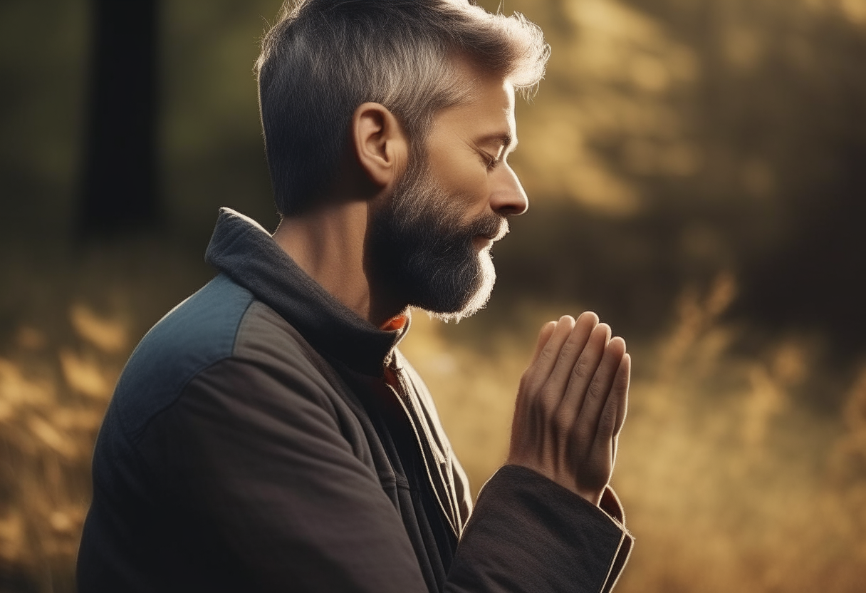 Create an image of a man in profile praying in nature