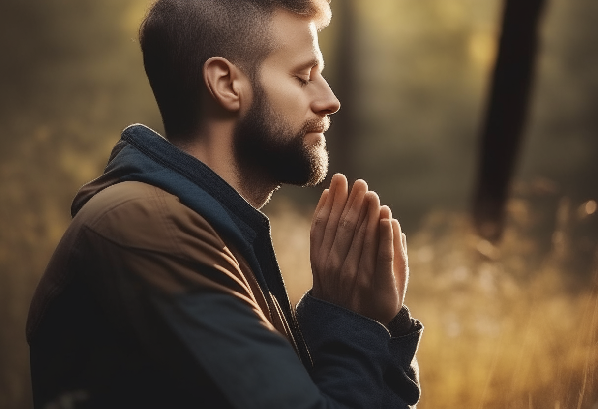 Create an image of a man in profile praying in nature