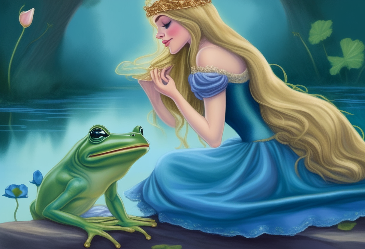 A beautiful princess with long blonde hair, wearing an elegant blue ballgown, bending over to kiss a large green frog sitting on a lily pad