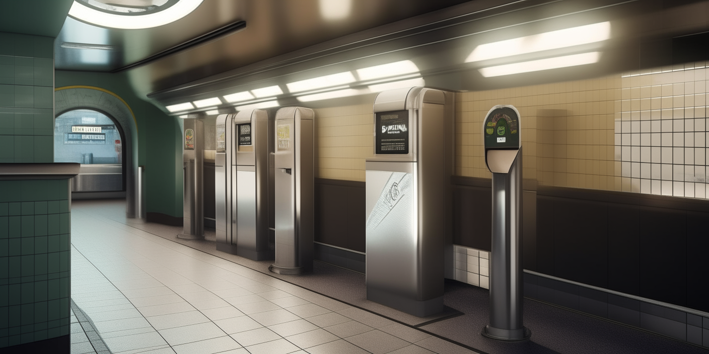 A subway station ticket booth, 3D rendered interior with turnstiles and signage