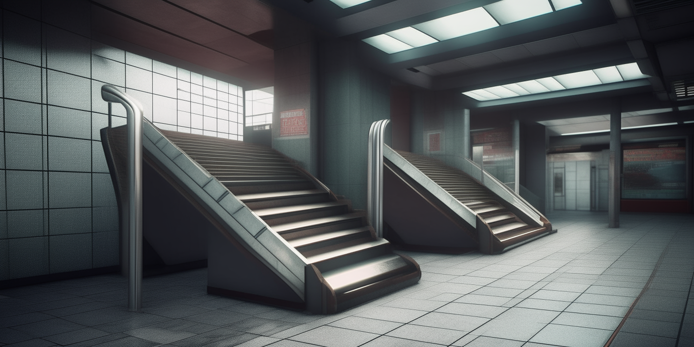 The entrance to an underground subway platform, 3D rendered architectural detail of stairs and ticket barriers