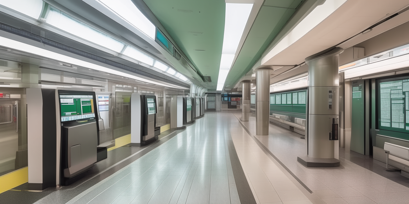 A spacious subway concourse with ticket machines and departure screens