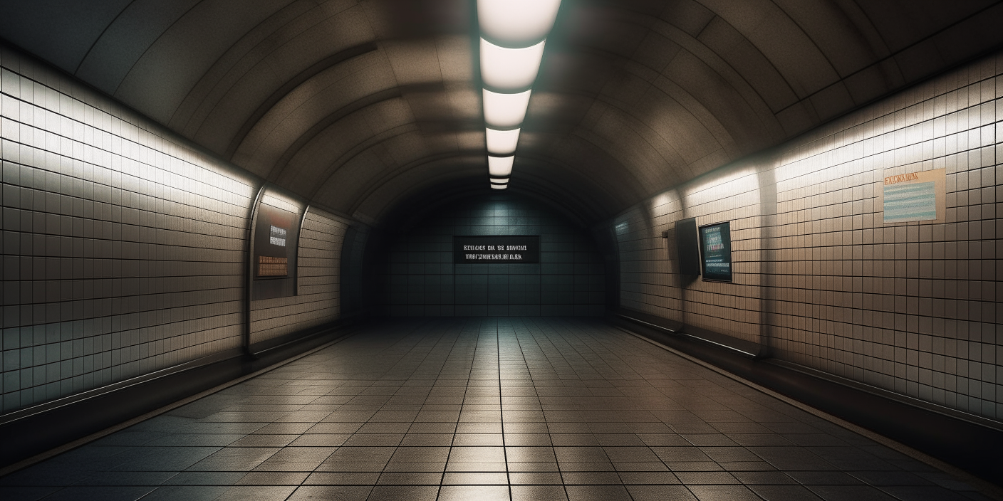 The tiled walls and signage of a subway tunnel, 3D rendered architectural interior