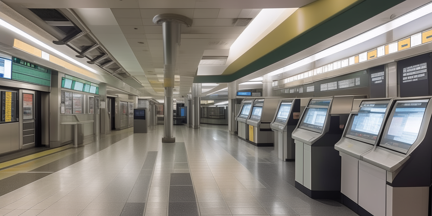 A spacious subway ticket lobby with rows of ticket kiosks and departure screens