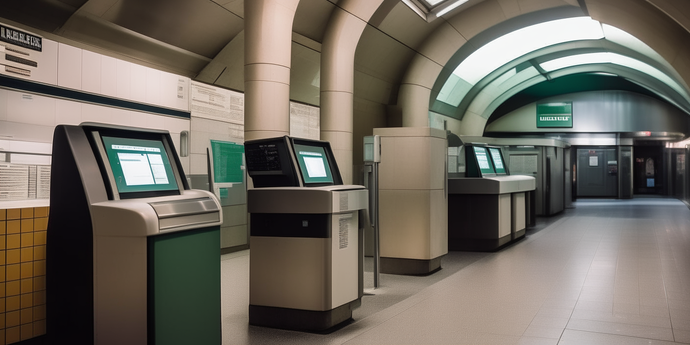 The entrance to an underground subway ticket area, with a help desk and ticket machines