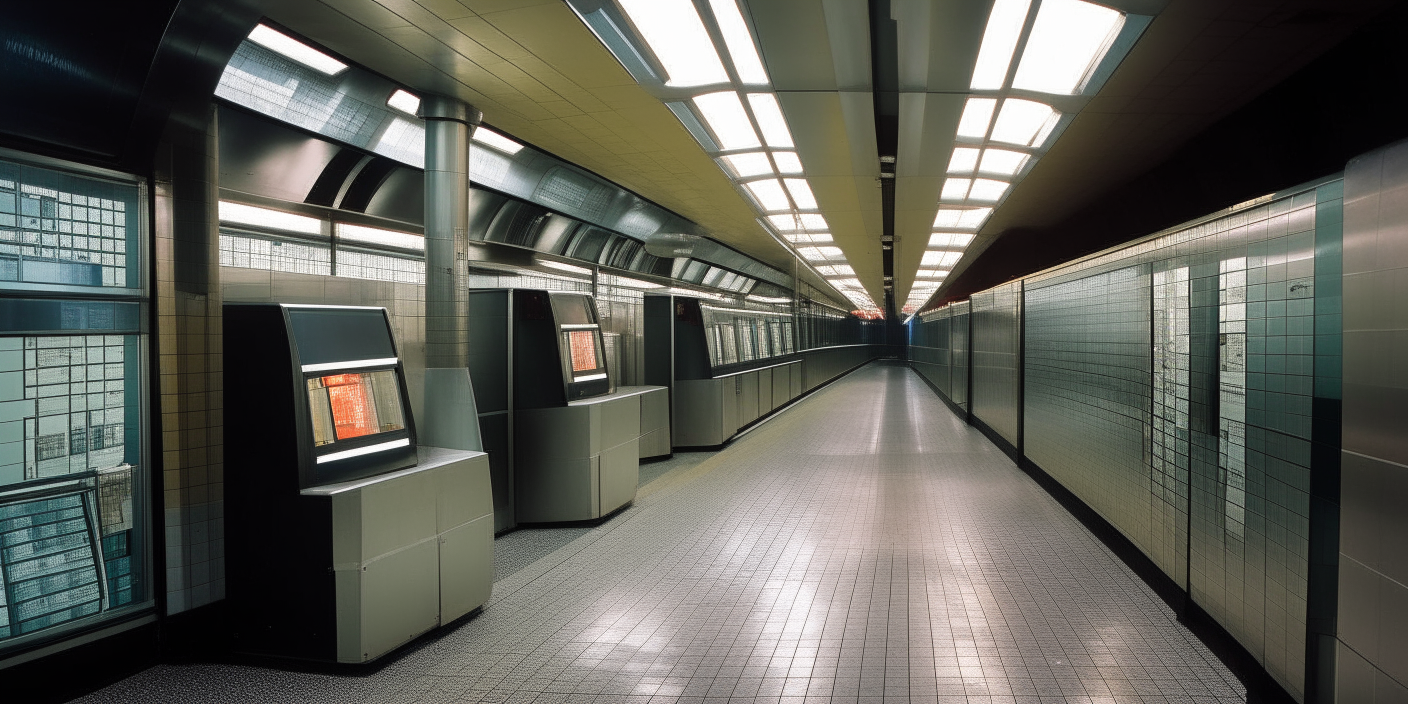 A tiled subway ticket concourse with illuminated signage and ticket barriers