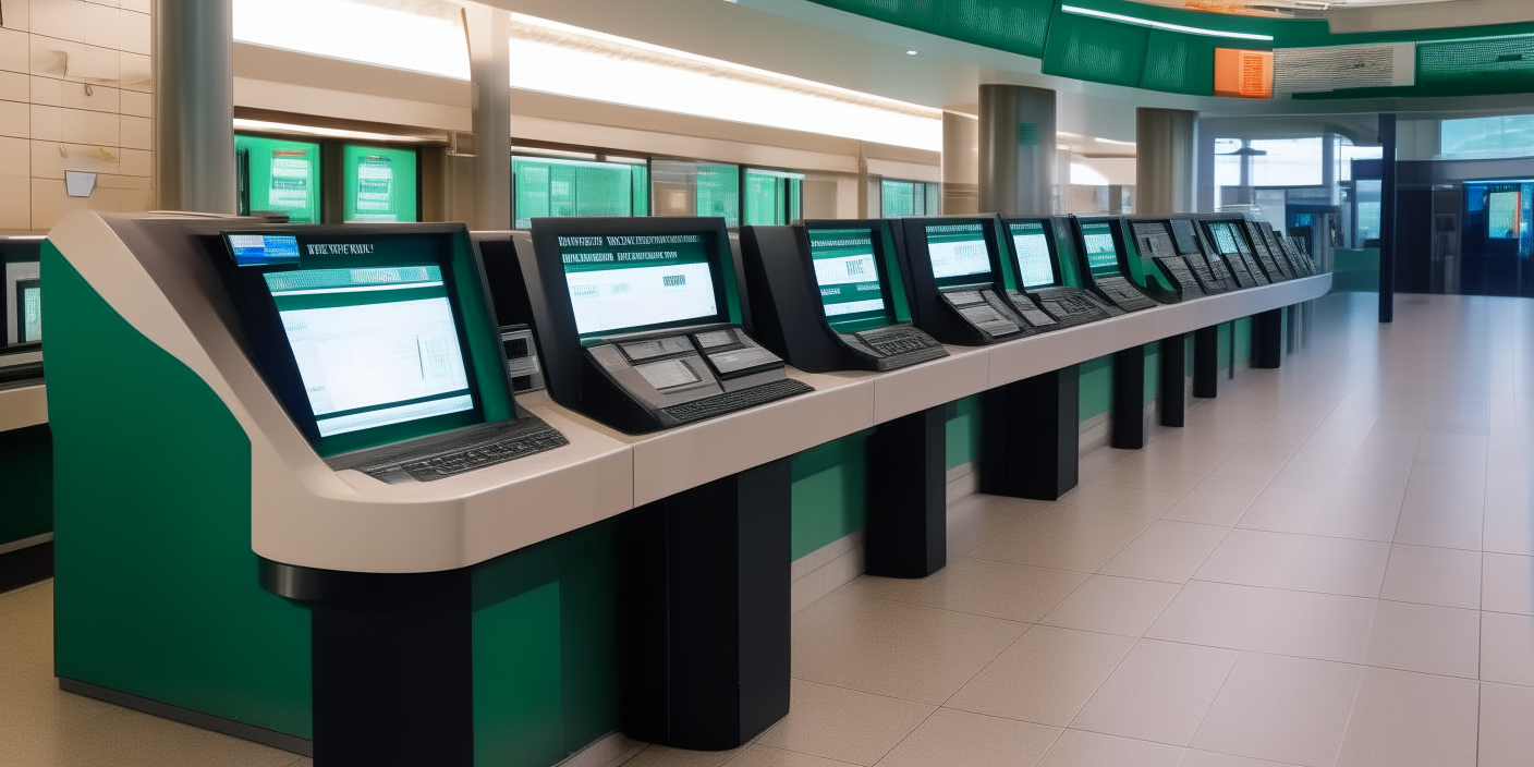 The ticket counter of a subway station, with digital departure screens and payment terminals