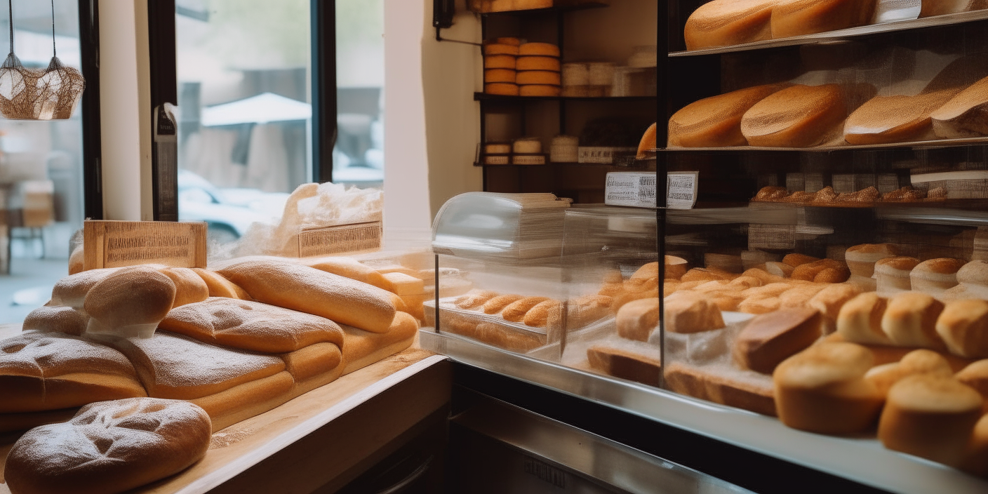 The counter of a small bakery, with racks of bread and pastries