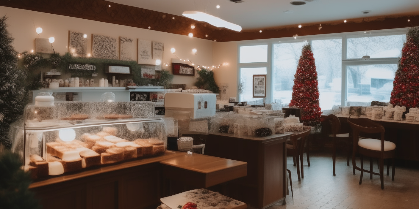 A bakery cafe with tables and a coffee bar, decorated for the holidays