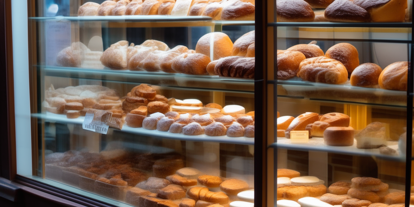 Shelves of baked goods in the window display of a European bakery