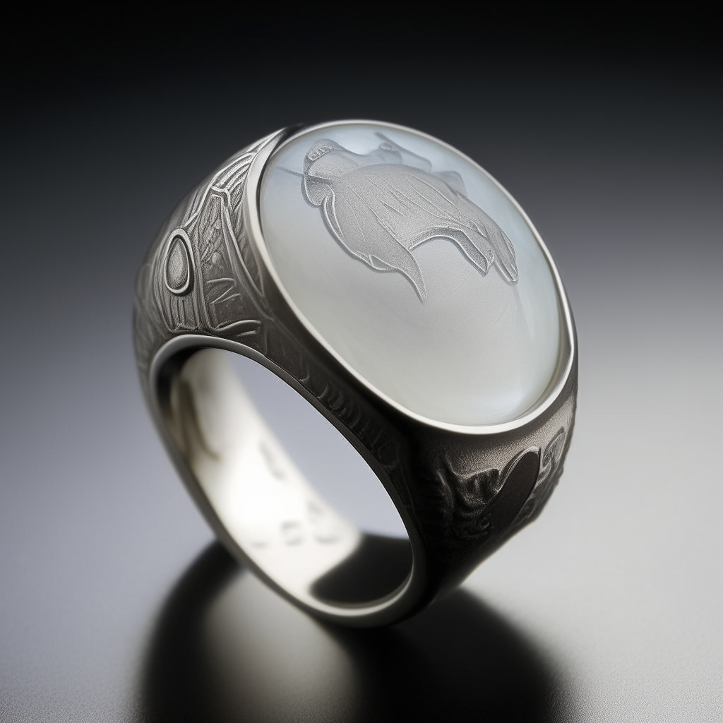 a silver ring set with a polished moonstone, etched with runes of leaping and bounding