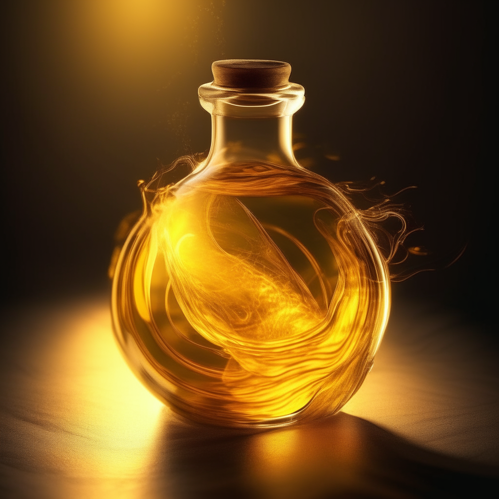 a glass vial filled with a swirling golden liquid, radiating warmth and restoration