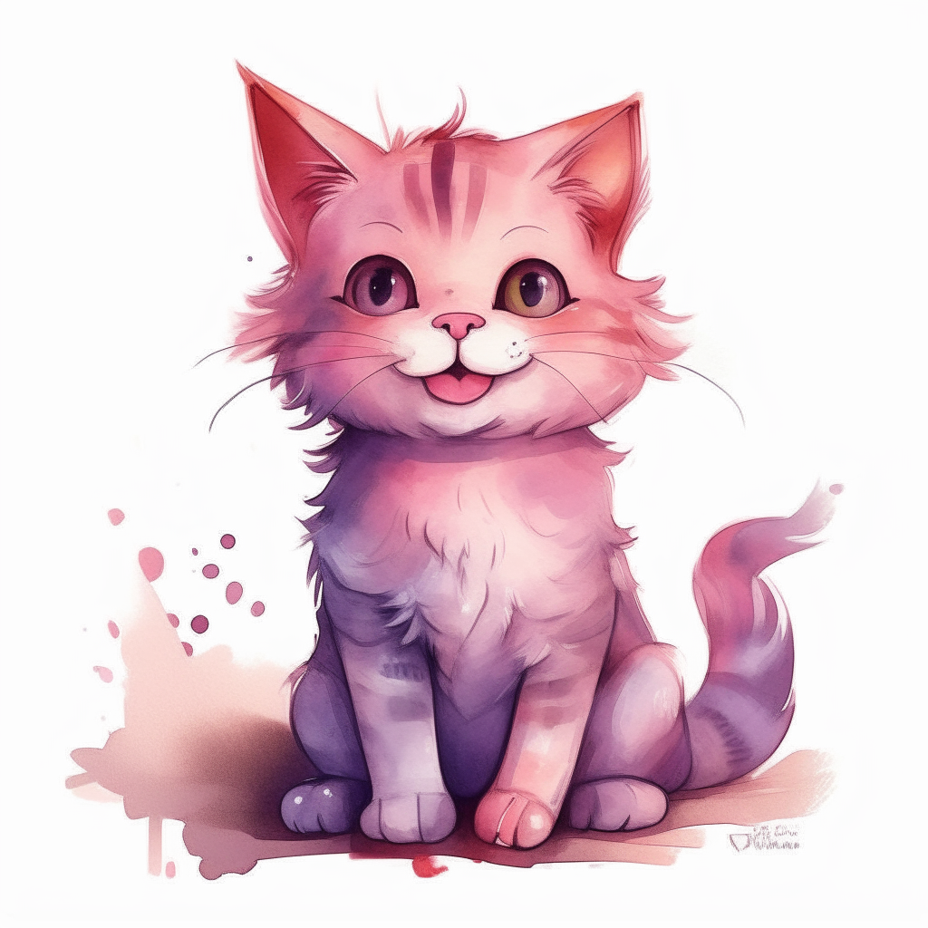 a cartoon kitten with pink and purple fur sitting and smiling, digital watercolor style