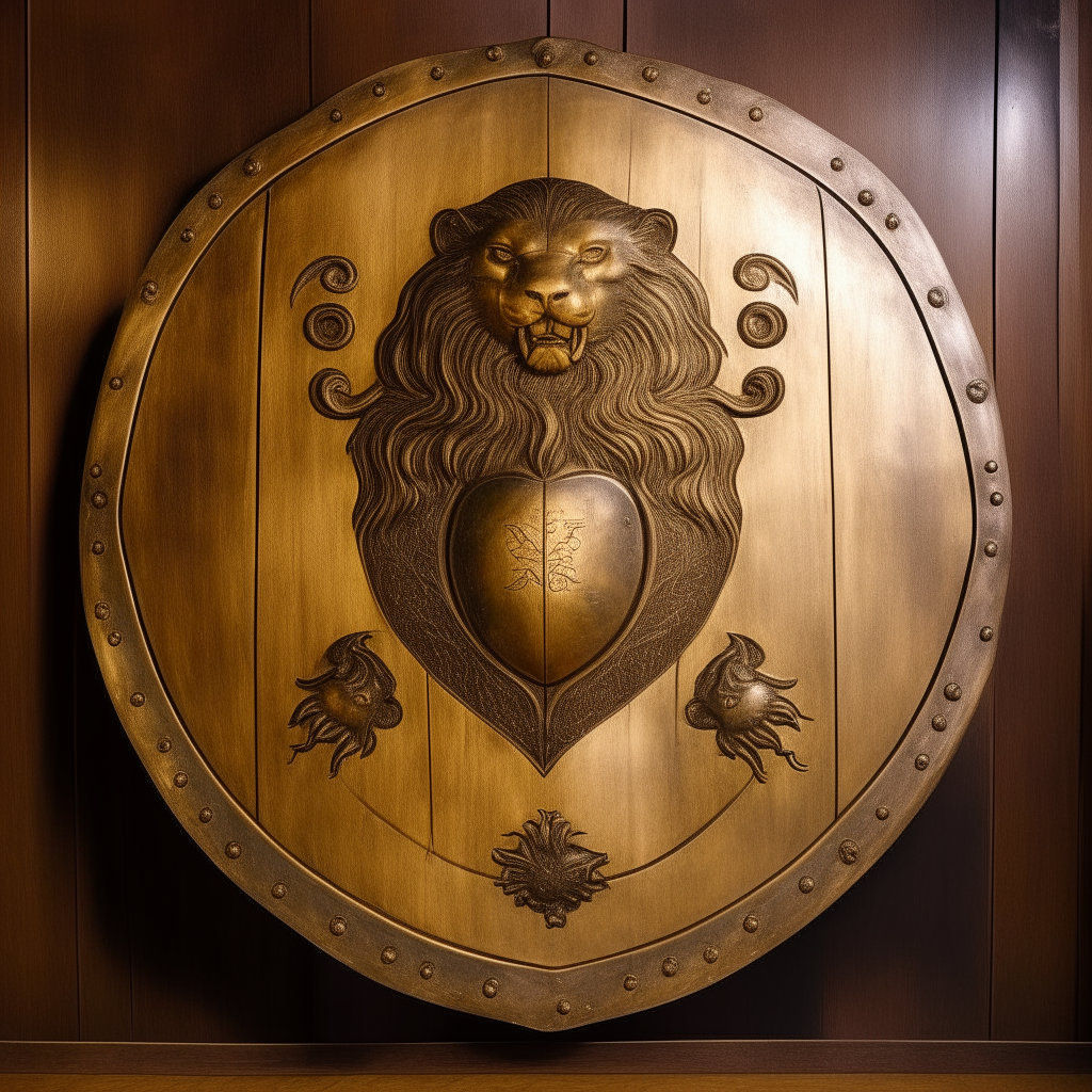 A polished wooden shield with the symbol of a lion etched in gold, granting courage in battle