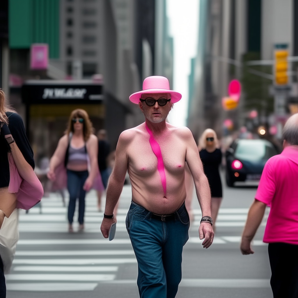 Breast-Man walking down 42nd street in New York City