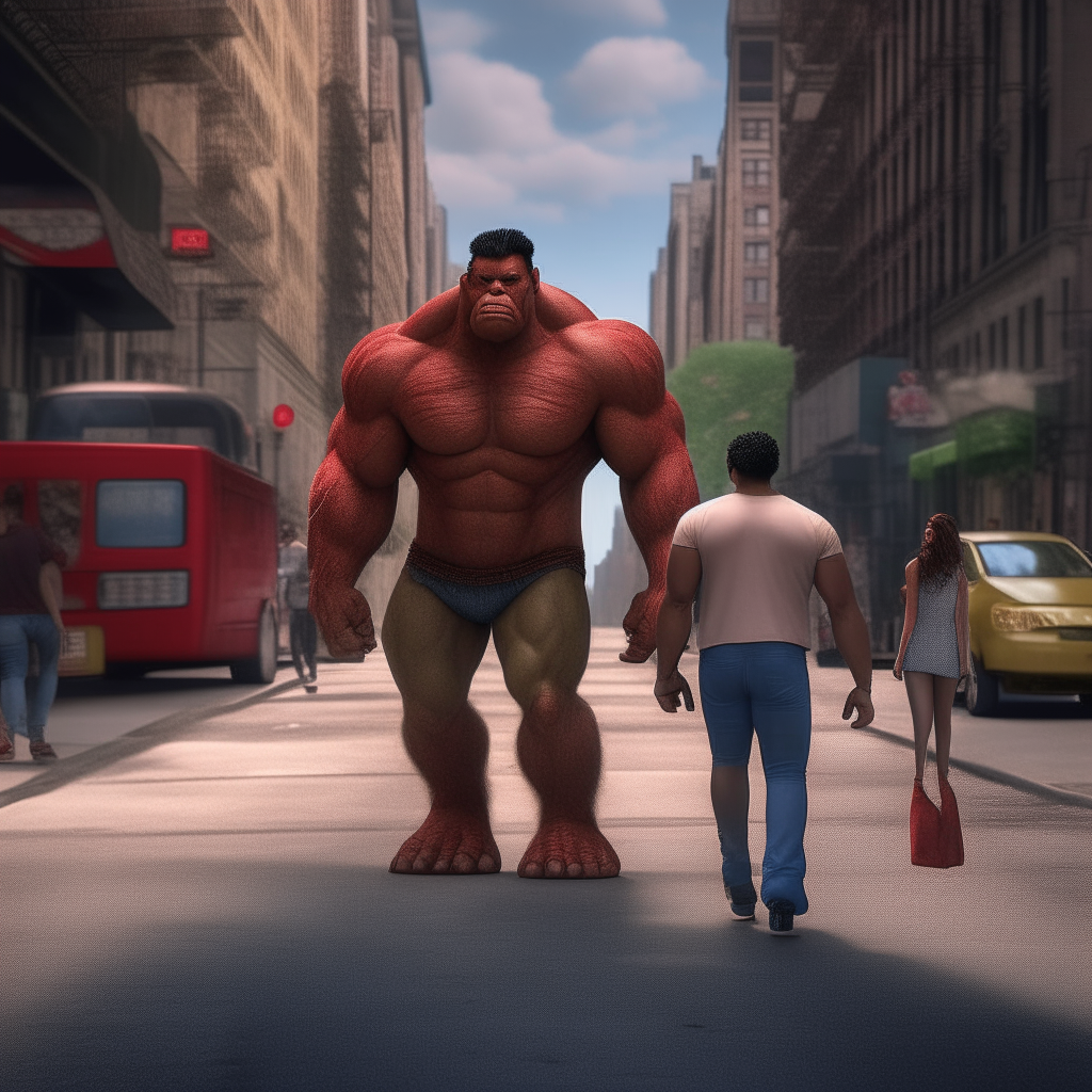 photorealistic, cinematic , high resolution, AR 16:9, Beast-Man walking down 42nd street in New York City, carrying a beautiful young Puerto Rican woman,