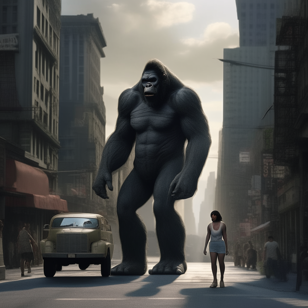 photorealistic, cinematic , high resolution, AR 16:9, King Kong walking down 42nd street in New York City, carrying a beautiful young Puerto Rican woman,