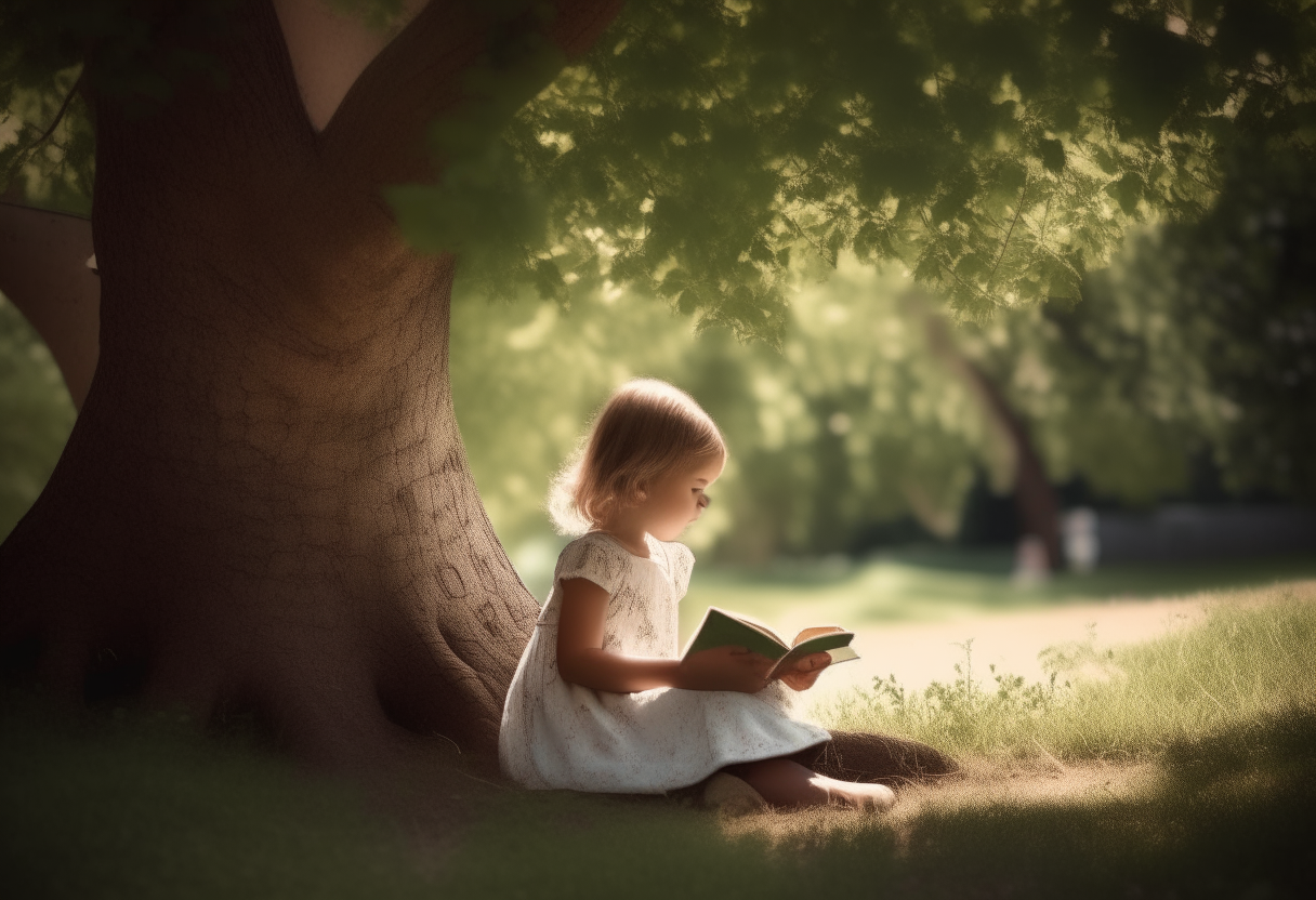A child reading a book under a tree on a summer afternoon