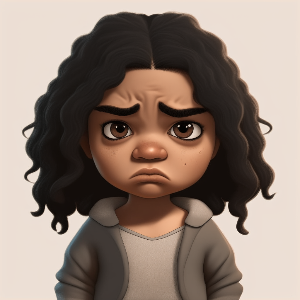 A portrait of a dwarf girl with tan skin, black hair and sad eyes