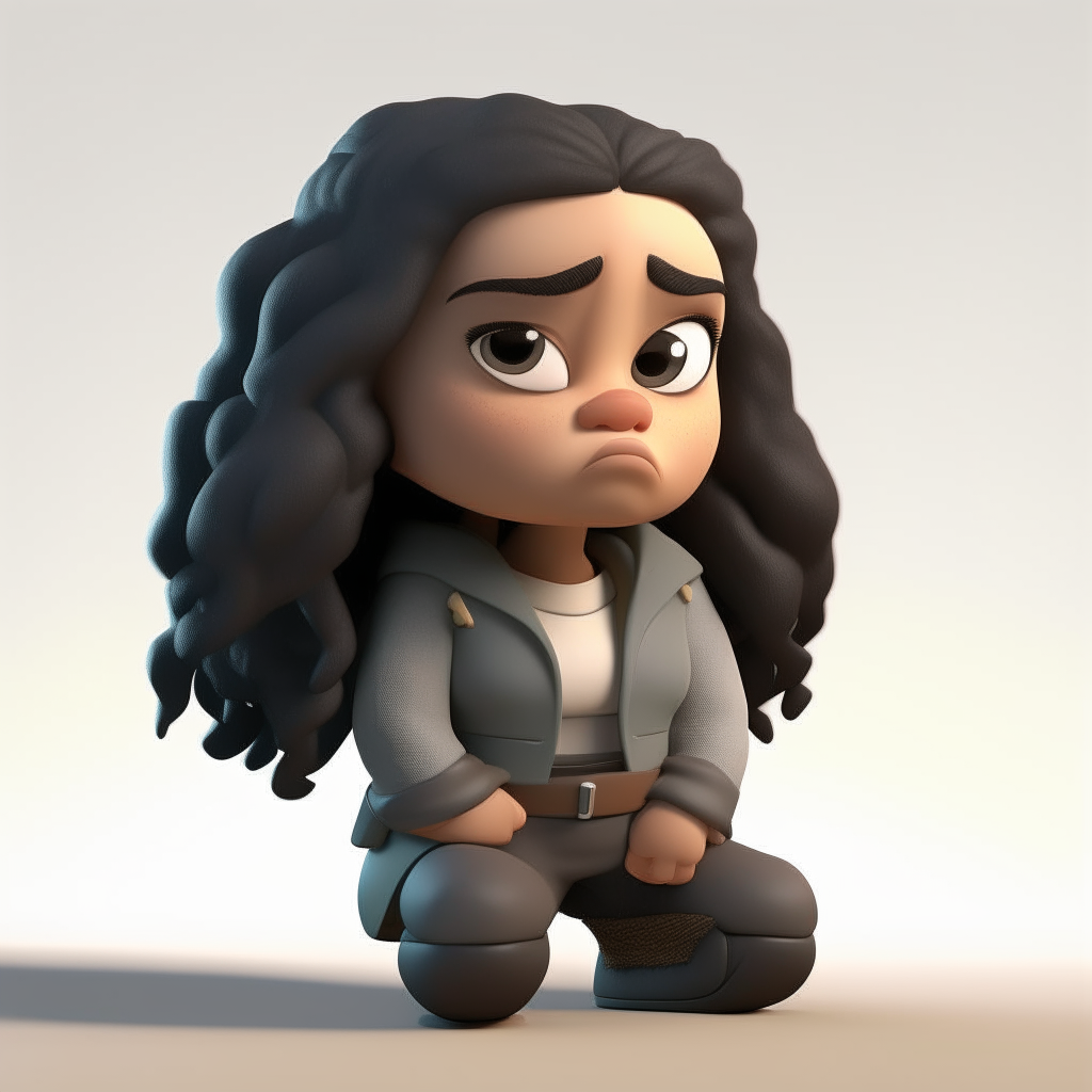 A 3D rendered dwarf girl with long black hair sits looking into the distance